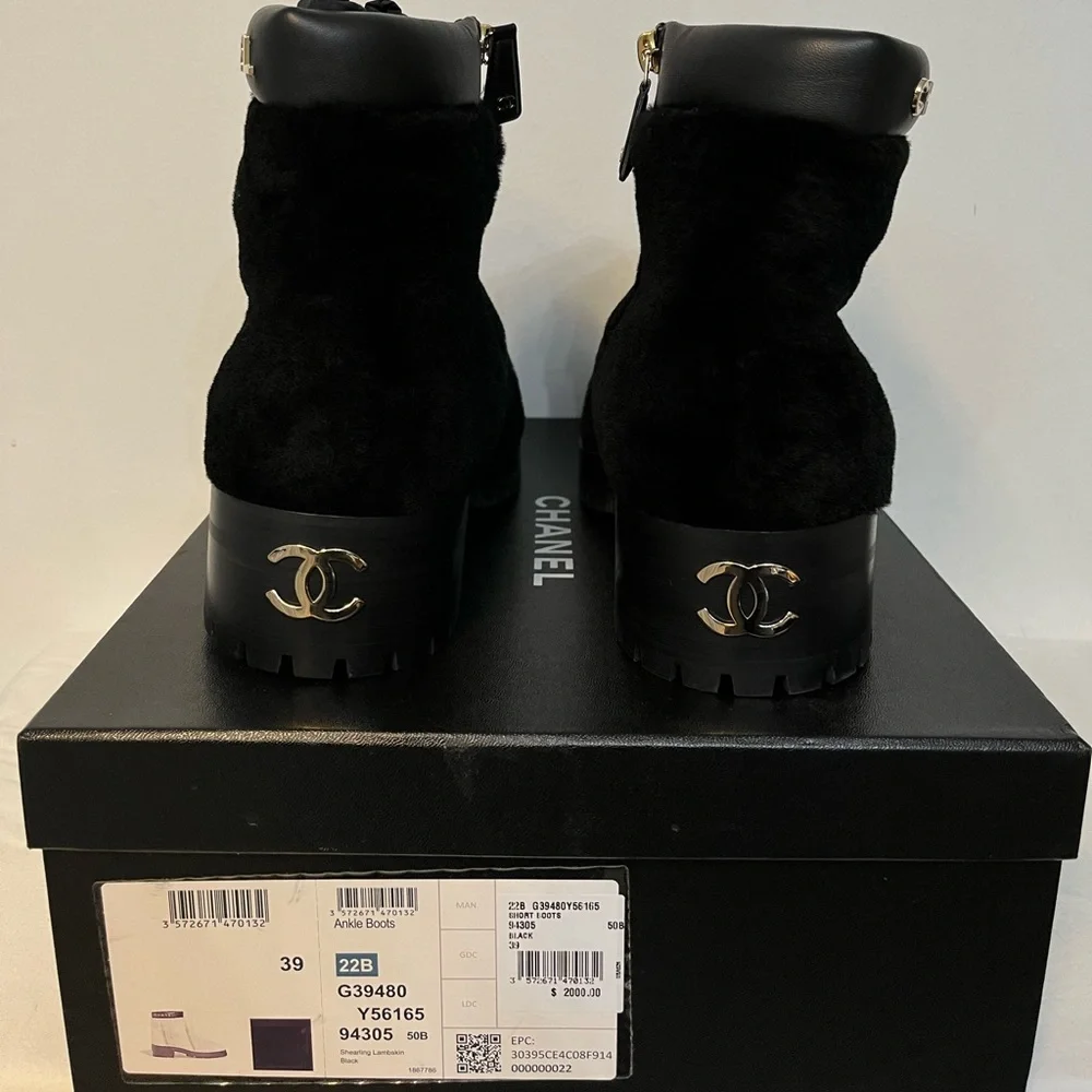CHANEL Black Shearling Ankle Booties with Logo Cuff